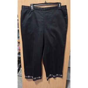 Alfred Dunner Sz 16 Ladies Black Crop Embroidered Hem Back Elastic Pull On Pants
